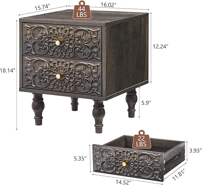 Nightstand, Farmhouse Bedside Table with 2 Drawers and Metal Handles, Wood Sofa Side Table End Table Accent Dresser for Bedroom, Living Room (Grey-2 Packs)