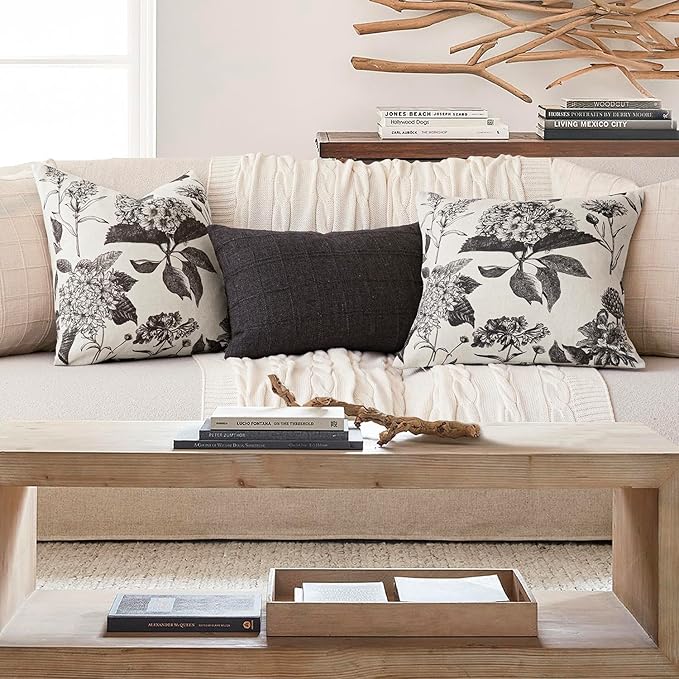 Foindtower Set of 2 Linen Floral Vintage Throw Pillow Covers Neutral Accent Print Decorative Cushion Covers Farmhouse Boho Home Decor for Sofa Chair Couch Bedroom Living Room Outdoor,22×22 Inch,Black