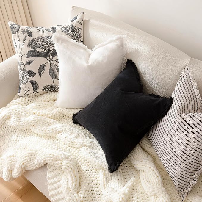Foindtower Set of 2 Decorative Linen Fringe Throw Pillow Covers Boho Farmhouse Cushion Cover with Tassels Lumbar Accent Pillowcase for Bed Couch Sofa Living Room Home Bedroom Decor, 12×24 Inch, Black