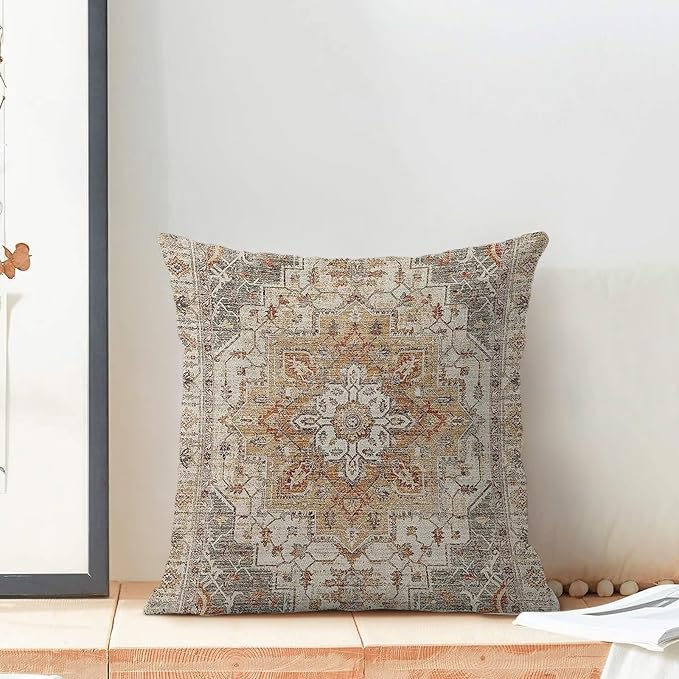 Boho Khaki Nature Throw Pillow Covers 18x18 Inch Set of 2, Carpet Pattern Neutral Decorative Throw Pillow Covers Bohemia Khaki Linen Outdoor Cushion Cover for Sofa Couch Farmhouse Room Decor