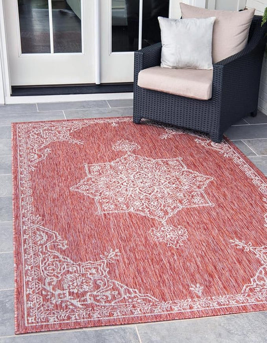 Unique Loom Outdoor Traditional Collection Area Rug - Antique (7' 10" x 10' Rectangle Rust Red/Ivory)