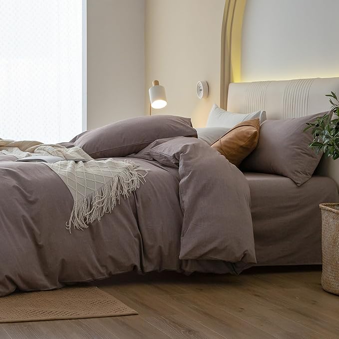JIYUAN 100% Washed Cotton Duvet Cover Set 3 Pieces Super Queen, 1 Duvet Cover 90x98 Inches(Comforter Not Included) and 2 Pillowcases,Linen Feel Bedding Set Comfy and Breathable, Heathered Mauve Brown