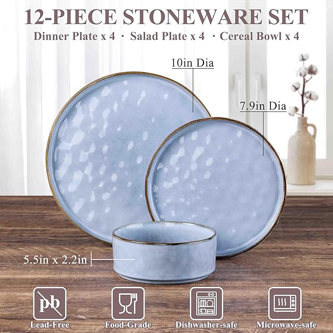 Herogo 12 Pieces Dinnerware Sets for 4, Ceramic Serving Dishes Sets, Stoneware Plates and Bowls for Kitchen Dinning, Dishwasher & Microwave Safe, Haze Blue