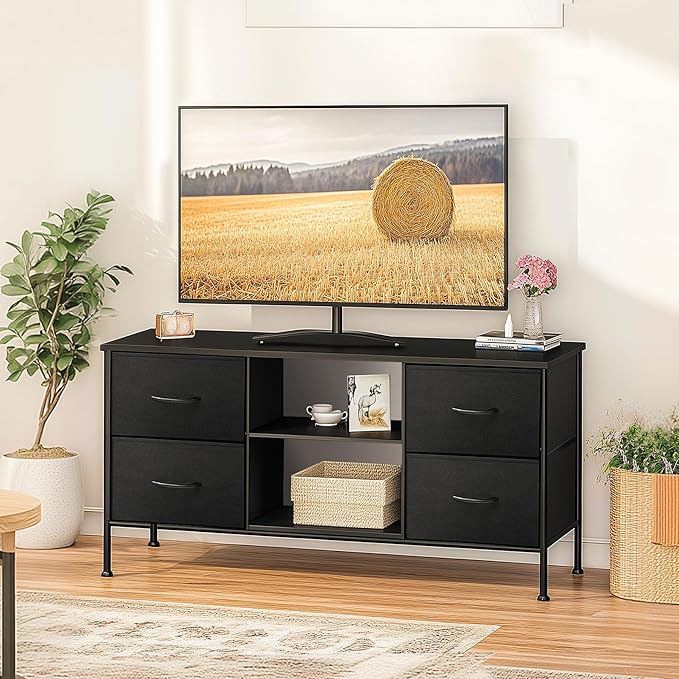 TV Stand for Bedroom, Television Stand for TV up to 46 Inch Entertainment Center Dresser with 4 Drawers Open Storage Shelves for Living Room, Entryway (Black and Charcoal Black)