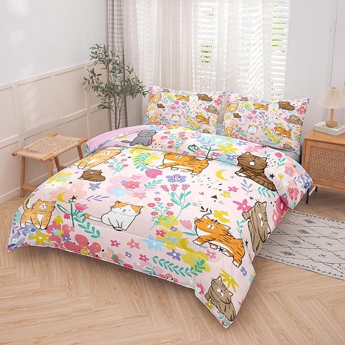 Tailor Shop Cat Girls Comforter Sets Full Size,Pink Cat Bedding Sets for Kids Teens with 2 Pillowcase…