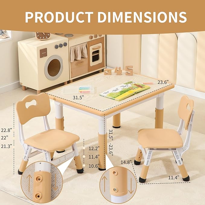 Toddler Table and 2 Chairs, Height-Adjustable Kids Table and Chairs Set, 31.5''L x 23.6''W Children Activity Table for Boys and Girls Aged 3-8