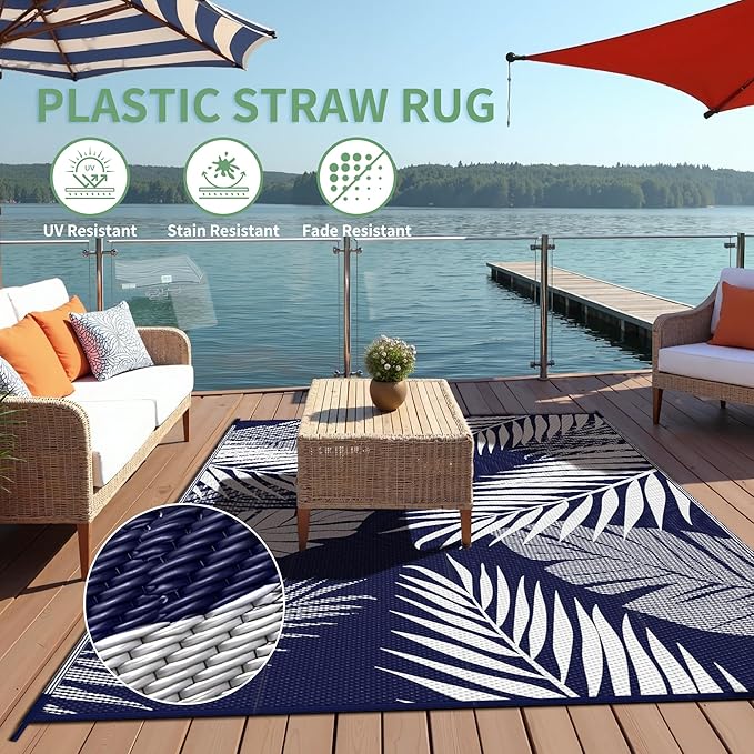 Outdoor Rug 5’x8’ Waterproof for Patio Clearance, Reversible Indoor Outdoor Plastic Straw Camping Rug Carpet, RV Mat, Large Area Rug for Deck, Backyard, Balcony, Porch, Beach, Blue & White