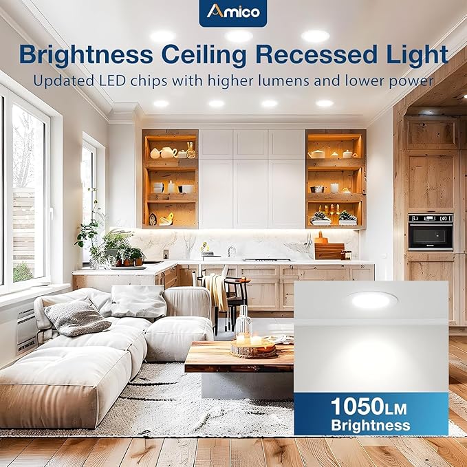 Amico 4 Pack 6 Inch 5CCT Ultra-Thin LED Recessed Ceiling Light with Junction Box, 2700K/3000K/3500K/4000K/5000K Selectable, 1050 Lumens, Dimmable Canless Wafer Downlight, 12W Eqv 110W-ETL&FCC