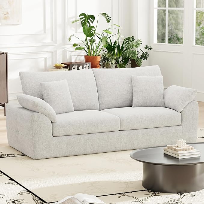 90" Boneless Loveseat Sofa, Cloud Foam Couch, 3 Seater Upholstered Midcentury Mondern Love Seat, Wide Armrest and 4 Pillows for Home Living Room/Small Spaces, No Assembly Required, Beige