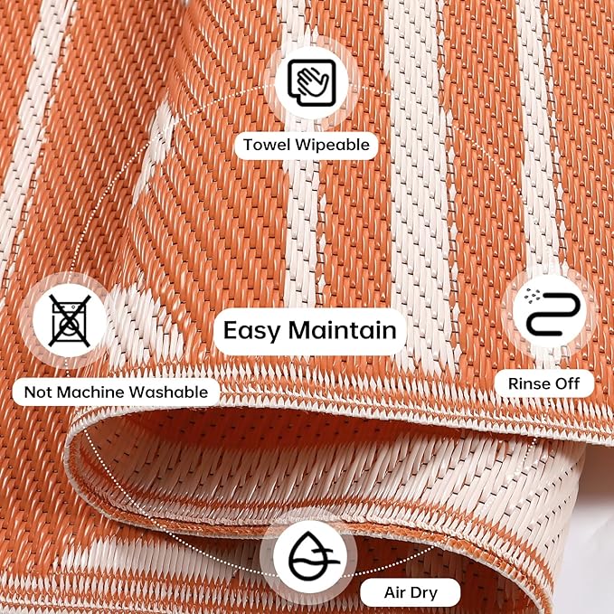 Beeiva Outdoor Rug 8x10, Outdoor Rug Waterproof Reversible, Portable Plastic Outdoor Patio Rug for Deck, Balcony, Backyard, Porch, Camping, Picnic - Orange