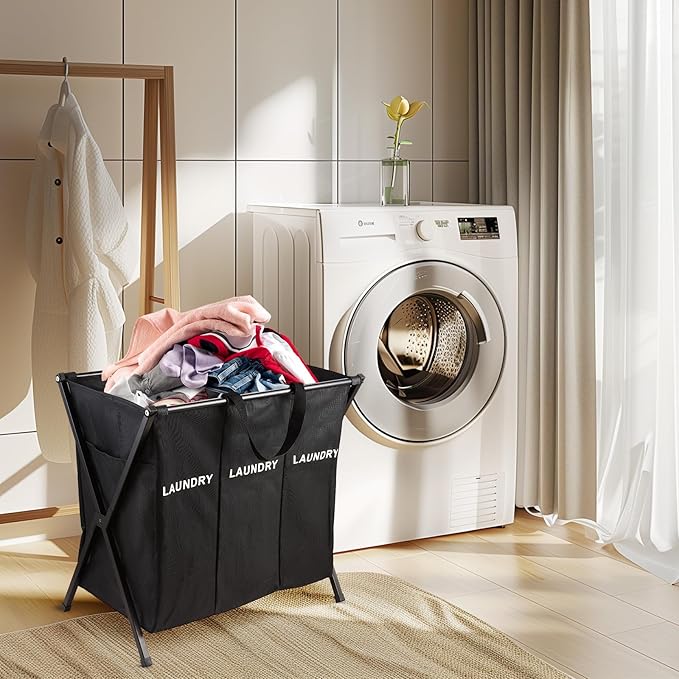 Laundry Basket Sorter 3 Section, Collapsible Laundry Hamper, 25" x 14.6" x 22.8" Dirty Clothes Basket for Bathroom Washroom Organization