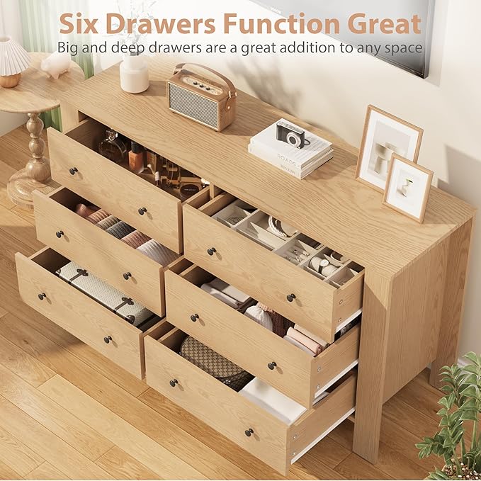 GarveeHome Natural Oak 6 Drawer Dresser for Bedroom, Modern Wide Dresser Organizer with Storage Drawers, Wooden Chests of Drawers for Bedroom, Entryway, Hallway, Home Office