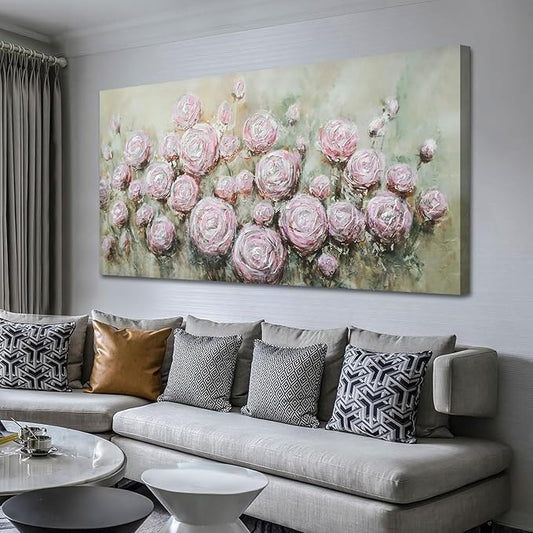Arjun Pink Rose Wall Art Flower Canvas Painting 3D Textured Floral Silver Grey Artwork Living Room Modern Abstract Petals Tranquil Framed for Bedroom Home Office Wall Decor, Large Size 48"x24"