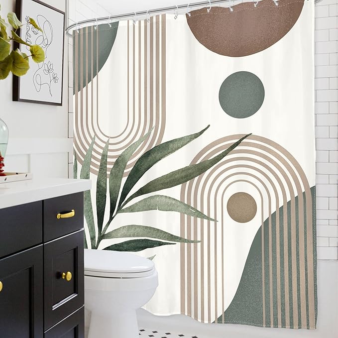 Glawry Boho Shower Curtain Extra Long Mid Century Abstract Plant Palm Leaves Modern Arch Bathroom Minimalist Geometric Aesthetic 72Wx84L Inches Bath Accessories Art Home Decor Fabric 12 Pack Hooks