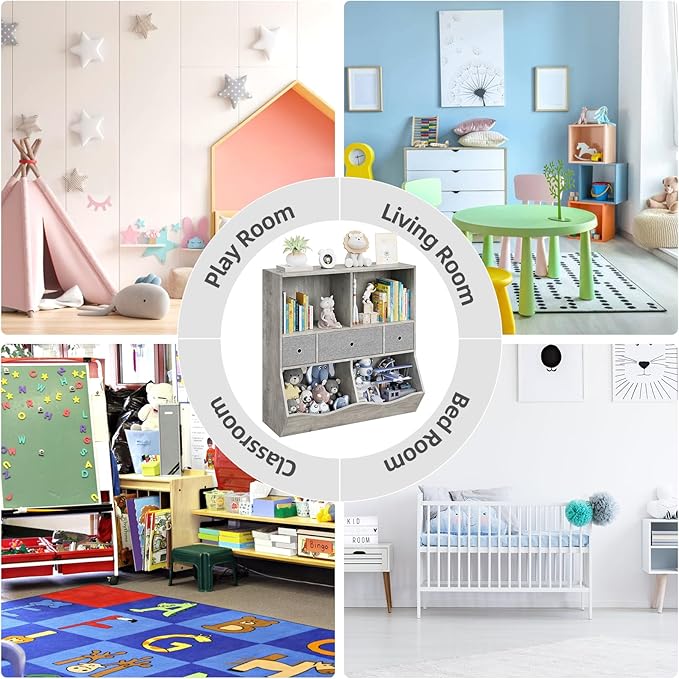 3-Tier Kids Bookshelf & Toy Storage Organizer - Wooden Bookcase with 3 Drawers, 4 Cubby Shelves, Anti-Tip Safety Design - Nursery, Playroom, Children's Room -2 Set Grey
