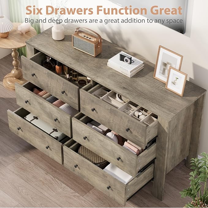 GarveeHome Grey 6 Drawer Dresser for Bedroom, Modern Wide Dresser Organizer with Storage Drawers, Wooden Chests of Drawers for Bedroom, Entryway, Hallway, Home Office