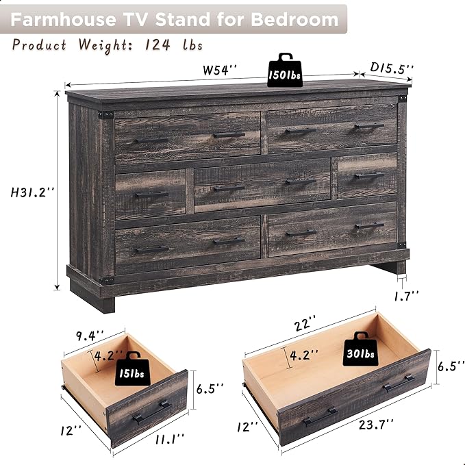 RedLemon Farmhouse 7 Drawer Dresser for Bedroom - Wood Large Dressers & Chests of Drawers for Closet, 54 Inch Long Dresser with Storage for Bedroom, Living Room, Dark Rustic Oak