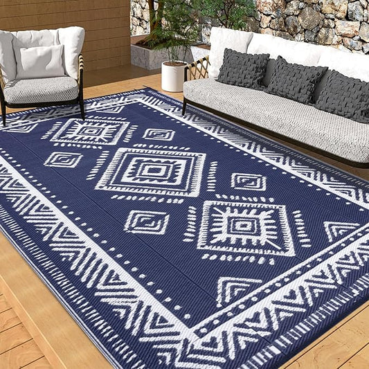 OMERAI Reversible Waterproof Outdoor Rug for Backyard,Plastic Textured Resistant Outdoors Rugs,Portable Washable Easy Cleaning Foldable Camping Beach Carpet for Patio Courtyard, 5'x8' Blue & White