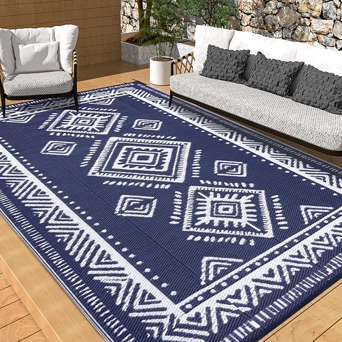 OMERAI Reversible Waterproof Outdoor Rug for Backyard,Plastic Textured Resistant Outdoors Rugs,Portable Washable Easy Cleaning Foldable Camping Beach Carpet for Patio Courtyard, 6'x9' Blue & White