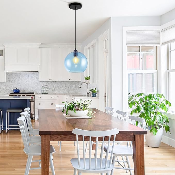 Blue Pendant Lights Kitchen Island Lighting Modern Globe Hand Blown Glass Pendant Light Ceiling Hanging Light fixtures for Kitchen Island Bedroom Living Dining Room Light Fixture-11.8in