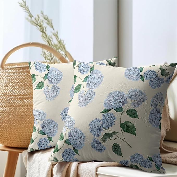 Kawani Blue Hydrangea Pillow Covers 24x24 Inch Set of 2 Blue Floral Outdoor Decorative Throw Pillow Covers Rustic Flower Pillowcases Spring Summer Cushion Covers for Home Couch Decor