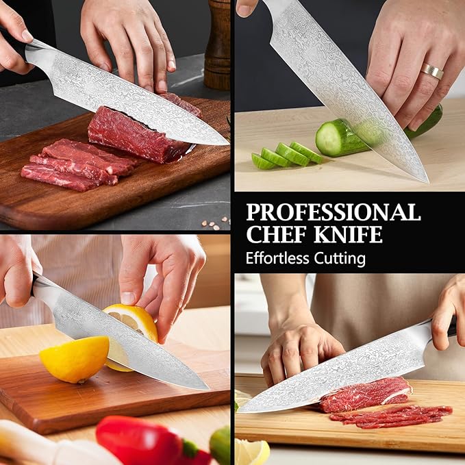 8 Inch Chef Knife, Kitchen Knife with Sharpener and Finger Guard, Professional Steel Sharp Chef's Knife Set with Ergonomic Handle, Gifts for Mom/Dad, Black