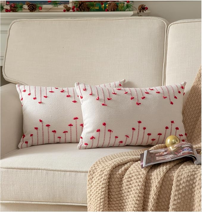 Caflife Boho Christmas Throw Pillow Covers 12x20 Set of 2, Holiday Christmas Decorative Pillow Covers Beige with Red Line for Modern Farmhouse Couch Sofa Bedroom Living Room Outdoor