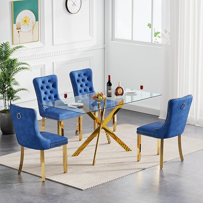 Goujxcy 5 Piece Glass Dining Table Set Modern Glass Dining Table Set for 4, 51" Rectangular Kitchen Table and 4 Velvet Upholstered Chairs for Kitchen Dining Room, Gold Table & Blue Chair