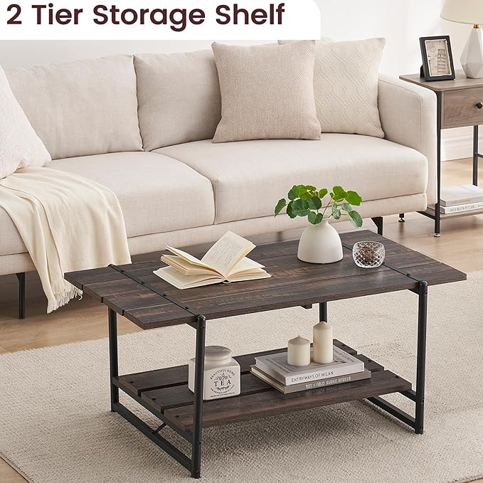 2-Tier Farmhouse 41'' Large Gray Wood Coffee Table with Storage Shelf -Modern Rustic Metal Rectangle Center Living Room Coffee Table Accent Furniture for Home Office,Easy Assembly(Dark Rustic Oak)