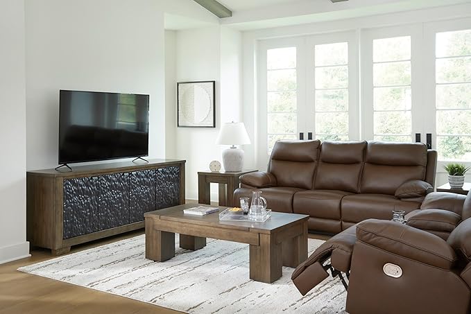 Signature Design by Ashley VonRyan Modern Leather Match Power Reclining Sofa with USB Ports, Dark Brown