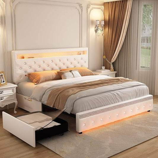 Queen Led Bed Frame with 2 Drawers, Modern Metal Platform Bed Frames Queen Size with Storage, Adjustable Height Crystal Button Tufted Headboard, No Box Spring Needed, Easy Assembly, PU White