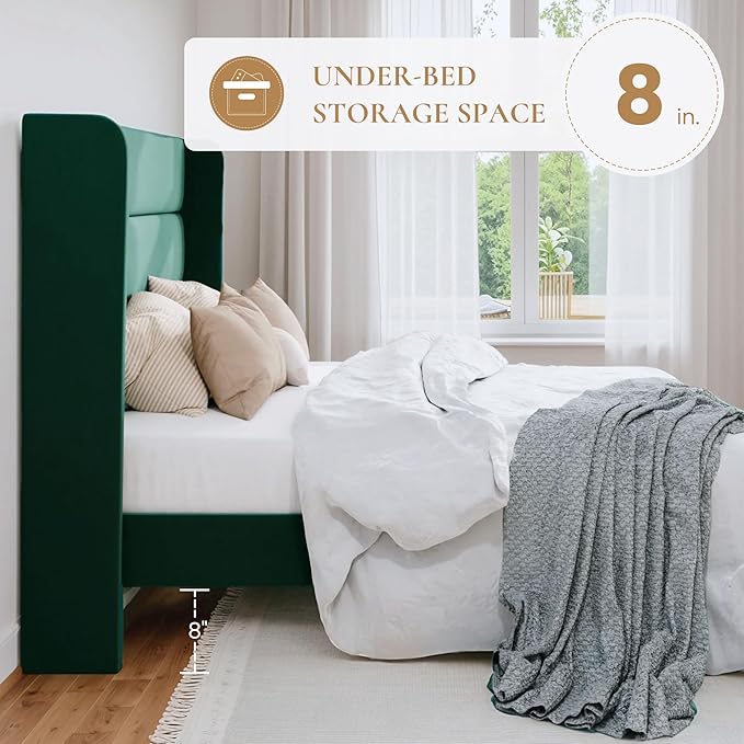 SHA CERLIN Queen Size Velvet Bed Frame/Vertical Channel Tufted Wingback Headboard/Upholstered Platform Bed with Wooden Slats/Mattress Foundation/No Box Spring Needed/Easy Assembly/Green