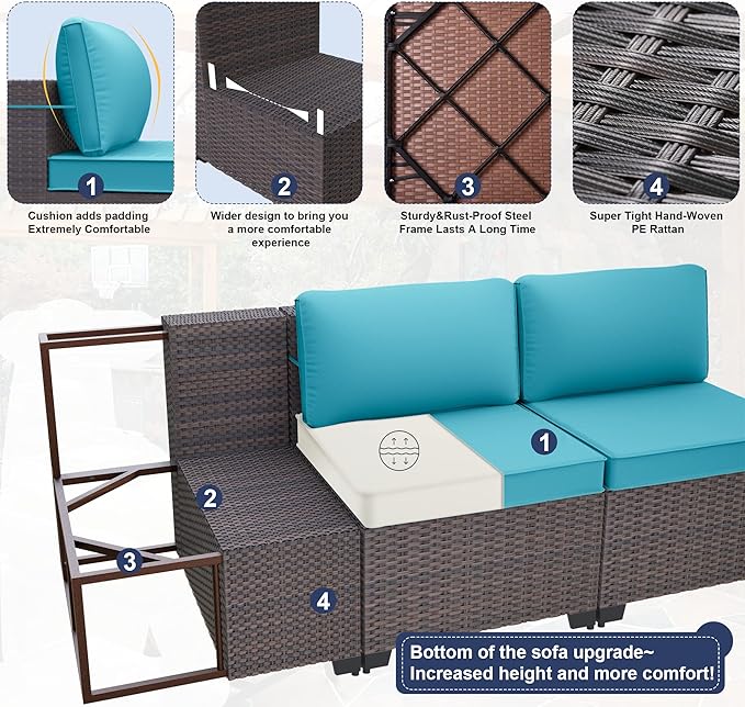 Kurapika 14 Pieces Patio Furniture Set, Rattan Wicker Outdoor Conversation Sets w/43in Propane Fire Pit Table and 4 Inch Cushion(Blue)