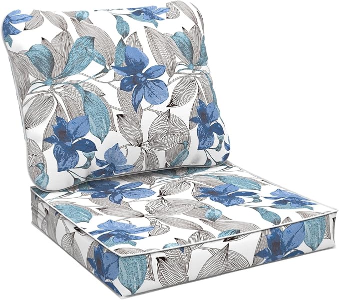 Outdoor Deep Seat Cushions Set 24 x 24 Inch for Patio Furniture,Water Resistant Chair Cushions Replacement Includes Seat Cushion & Back Pillow for Couch Sofa, Wicker Chair - Clemens Noir Blue