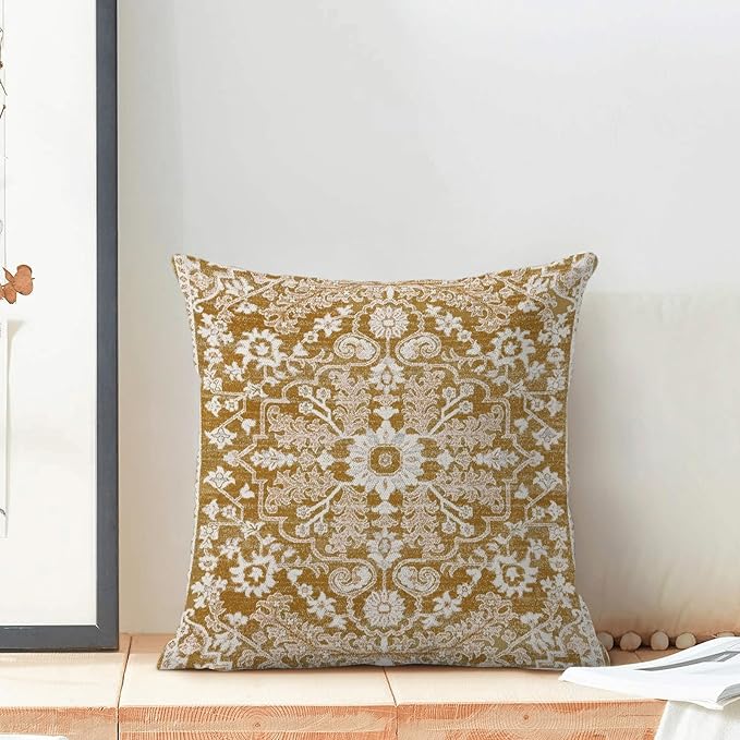 Brown White Boho Pillow Covers 18x18 Set of 2, Carpet Design Coffee Decorative Boho Throw Pillows Linen Farmhouse Bohemian Cushion Pillow Covers for Sofa Couch Outdoor Decor