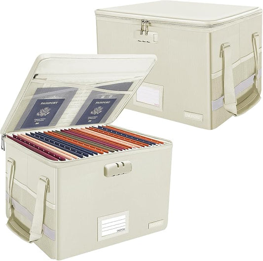 ENGPOW File Box with Lock,Fireproof Document Box with Zipper Lid,Collapsible File Storage Organizer Filing Cabinet with Handles,Portable Home Office Safe for Hanging Letter/Legal Folders,Beige,2 Pack