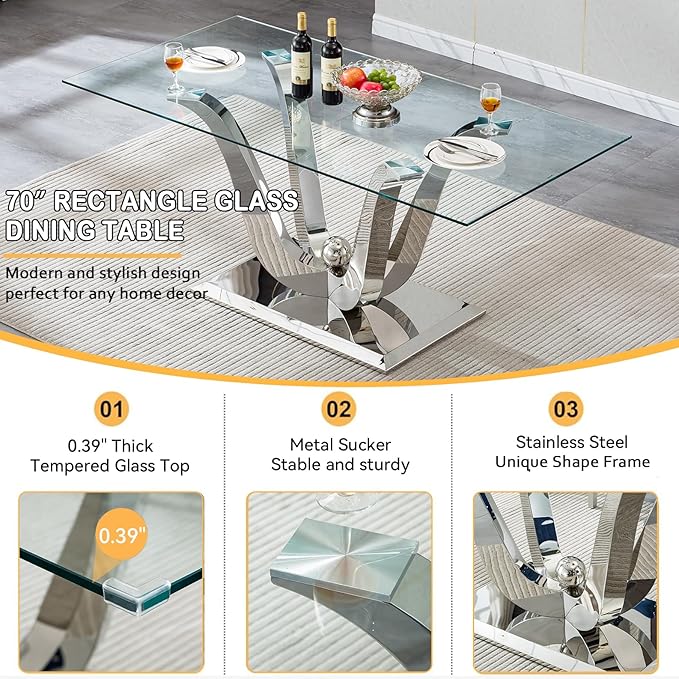 70" Modern Silver Glass Dining Table Set for 4, 5-Piece Rectangle Kitchen Dining Room Table Set with Steel Base & 4 Grey Velvet Upholstered Chairs, Modern Glass Kitchen Table and Chairs Set of 4