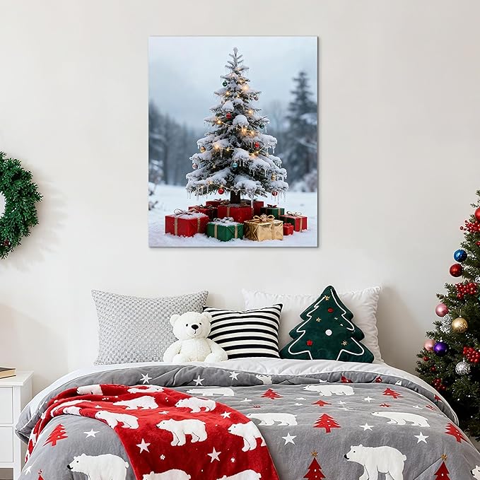 Framed Christmas Pictures Wall Decor,Vintage Pine Tree Prints,Winter Christmas Canvas Wall Art Decoration for Bedroom Bathroom Living Room Rustic Xmas Holiday Gifts (Christmas Tree 11, 12'' X 16'')