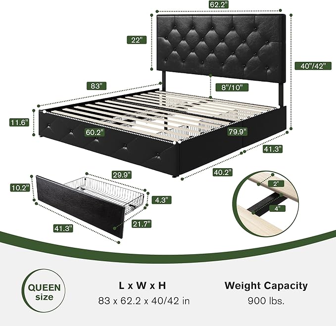 MUTICOR Queen Size Bed Frame with 4 Storage Drawers, Upholstered Platform Bed with Button Tufted Adjustable Headboard, No Box Spring Needed, Easy Assembly, Diamond Tufted, Black Leather