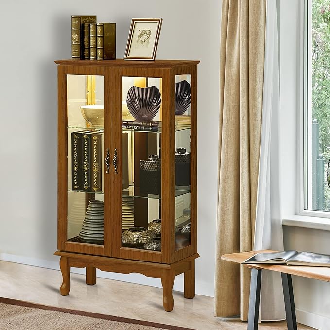 Goujxcy Lighted Curio Cabinet, Modern Floor Standing Glass Curio Cabinet Display Case Cabinet with Adjustable Shelves, Mirrored Back Panel and Tempered Glass Doors for Home/Office (Oak)