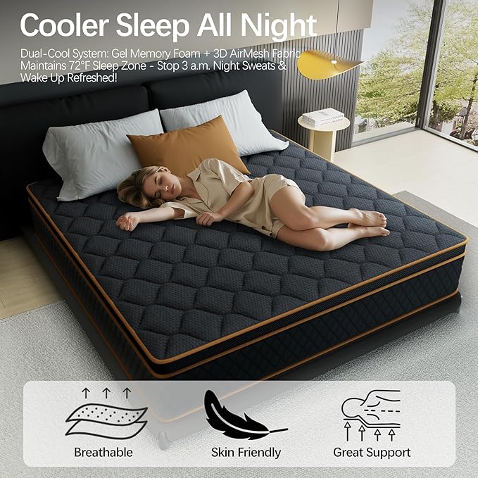 King Mattress- 10 Inch Hybrid Firm Support with Pocketed Coils & Cooling Gel Memory Foam | Orthopedic Back Pain Relief | Breathable | King Size Mattresses in a Box