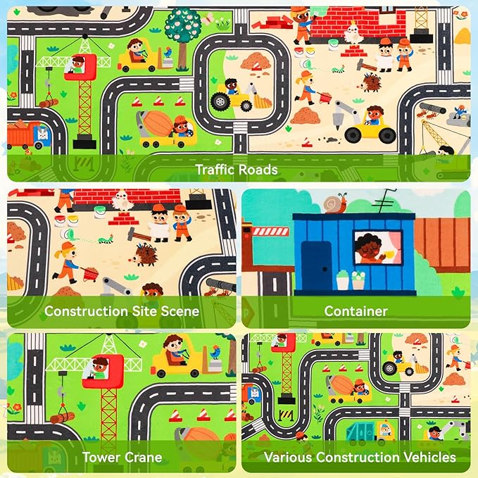Kids Rug Play Mat for Toy Cars, 78.7"×59" Construction Site Road Traffic for Playroom Kids City Engineering Car Road Play Mat Non-Slip Washable Carpet Toddlers Boys Room Family Playtime