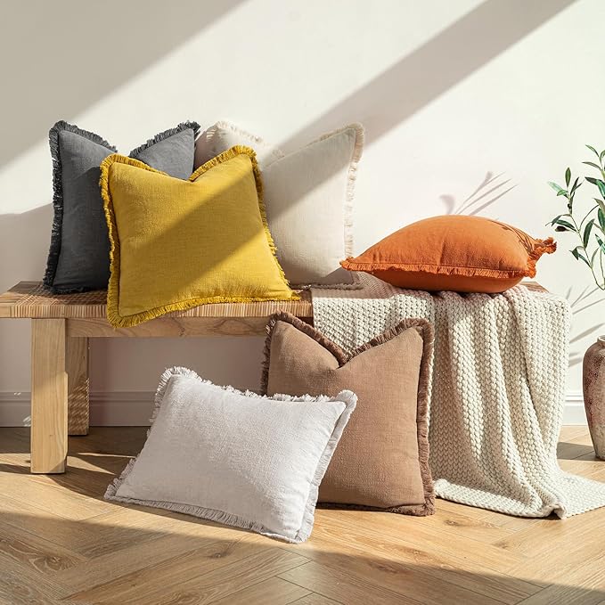 MIULEE Fall Decorative Throw Pillow Covers Neutral Linen Fringe Throw Pillows Set of 2 Burnt Orange Boho Farmhouse Cushion Covers with Tassels for Couch Sofa Bed Living Room Home Decor 12x20 Inch