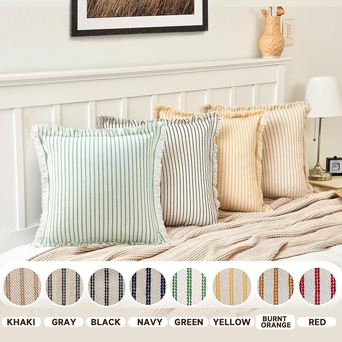 ZWJD Throw Pillow Covers 26x26 Set of 2 Green Striped Pillow Covers with Fringe Chic Cotton Decorative Pillows Square Cushion Covers for Sofa Couch Bed Living Room Farmhouse Spring Decor