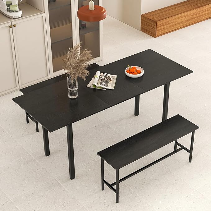 Giantex Dining Room Table Set for 4-6, 63” Extendable 3-Piece Dining Table Set with 2 Benches, Metal Frame, Dinette Table Set for Breakfast Nook, Kitchen Table Chairs (Black)