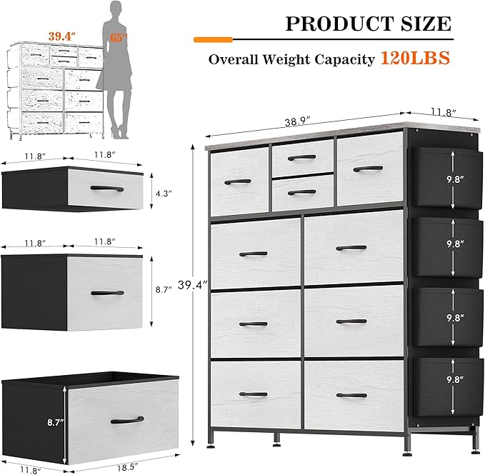 Lulive 10 Drawers Dresser for Bedroom, Chest of Drawers with Side Pockets and Hooks, PU Storage Dresser, Organizer Unit for Living Room, Hallway, Closet (Oakl)