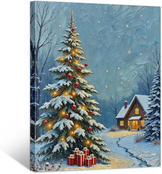Framed Christmas Pictures Wall Decor,Vintage Pine Tree Prints,Winter Christmas Canvas Wall Art Decoration for Bedroom Bathroom Living Room Rustic Xmas Holiday Gifts (Christmas Tree 20, 16'' X 24'')