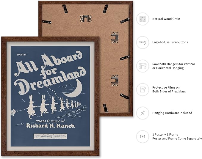 Poster Master All Aboard For Dreamland Poster - Retro Children's Lullaby Print - Story Book Art - Bunny Art - Rabbit Art - Aesthetic Art - Kid's Bedroom or Nursery Wall Decor, 8x10 Brown Framed