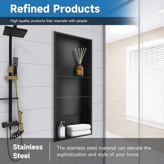 12" X 30" Stainless Steel Shower Niche Insert Tile Ready, Niche for Shower Wall, 3-Tier Recessed Shelves No Tile Needed for Bathroom Storage, Matte Black