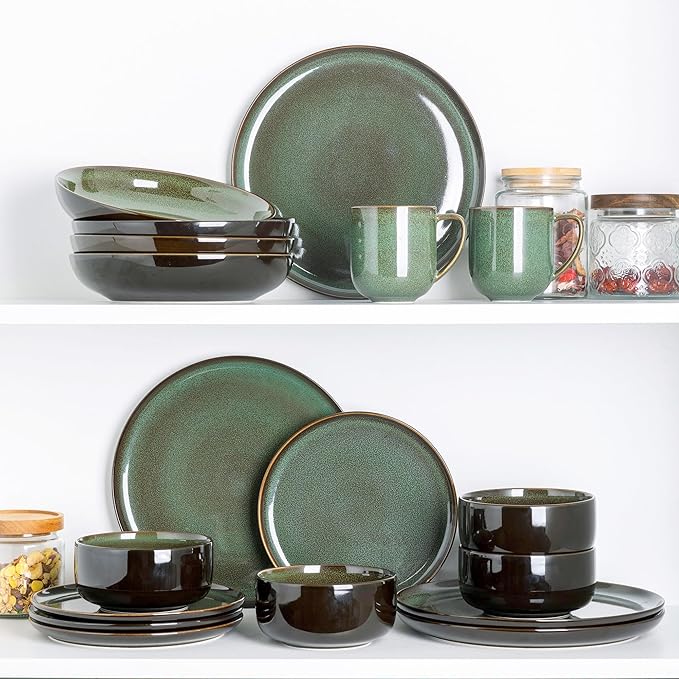LERATIO Ceramic Dinnerware Sets for 4,12 Pieces Poreclain Plates and Bowls Sets,Scratch Resistant Dishes,Dishwasher & Microwave Saf,Oven Safe Dishes Set,Service for 4-Geen